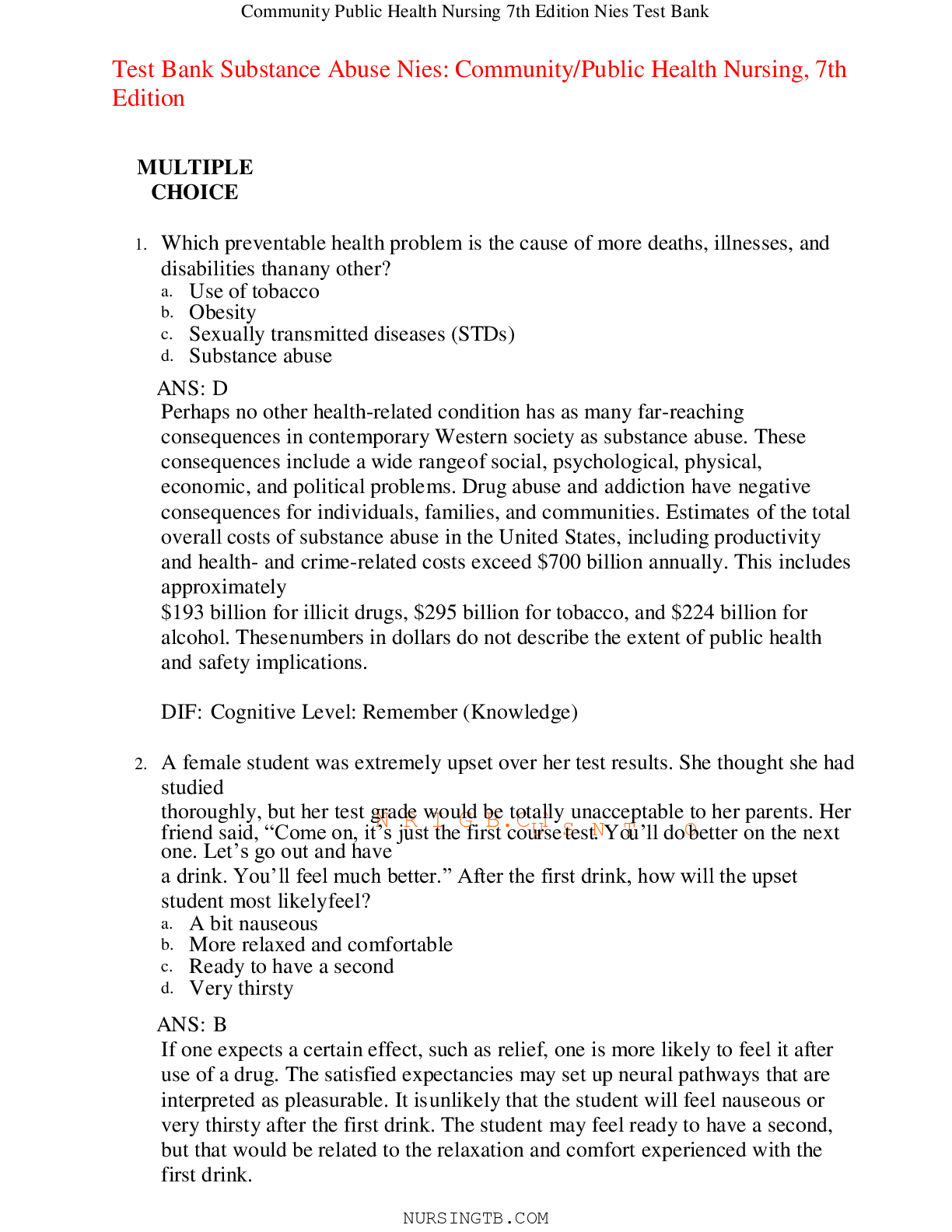 Preview image for Test Bank Substance Abuse Nies: Community/Public Health Nursing, 7th Edition